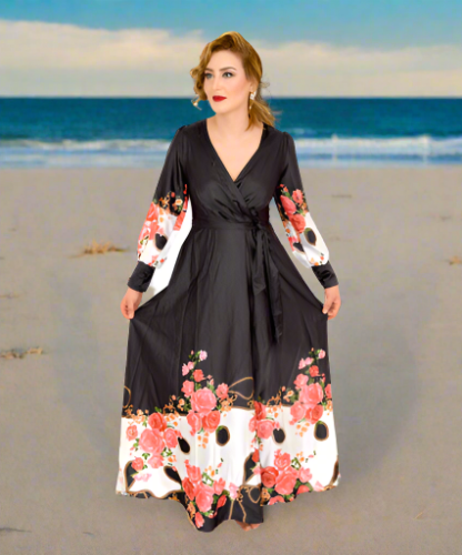 Belted Long Sleeve Floral Print Dress