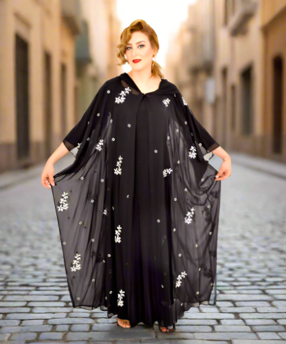 Black Abaya / White Printed Design