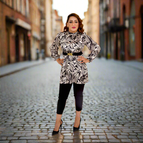 Classy Black & White Patterned Blouse And Black Pants