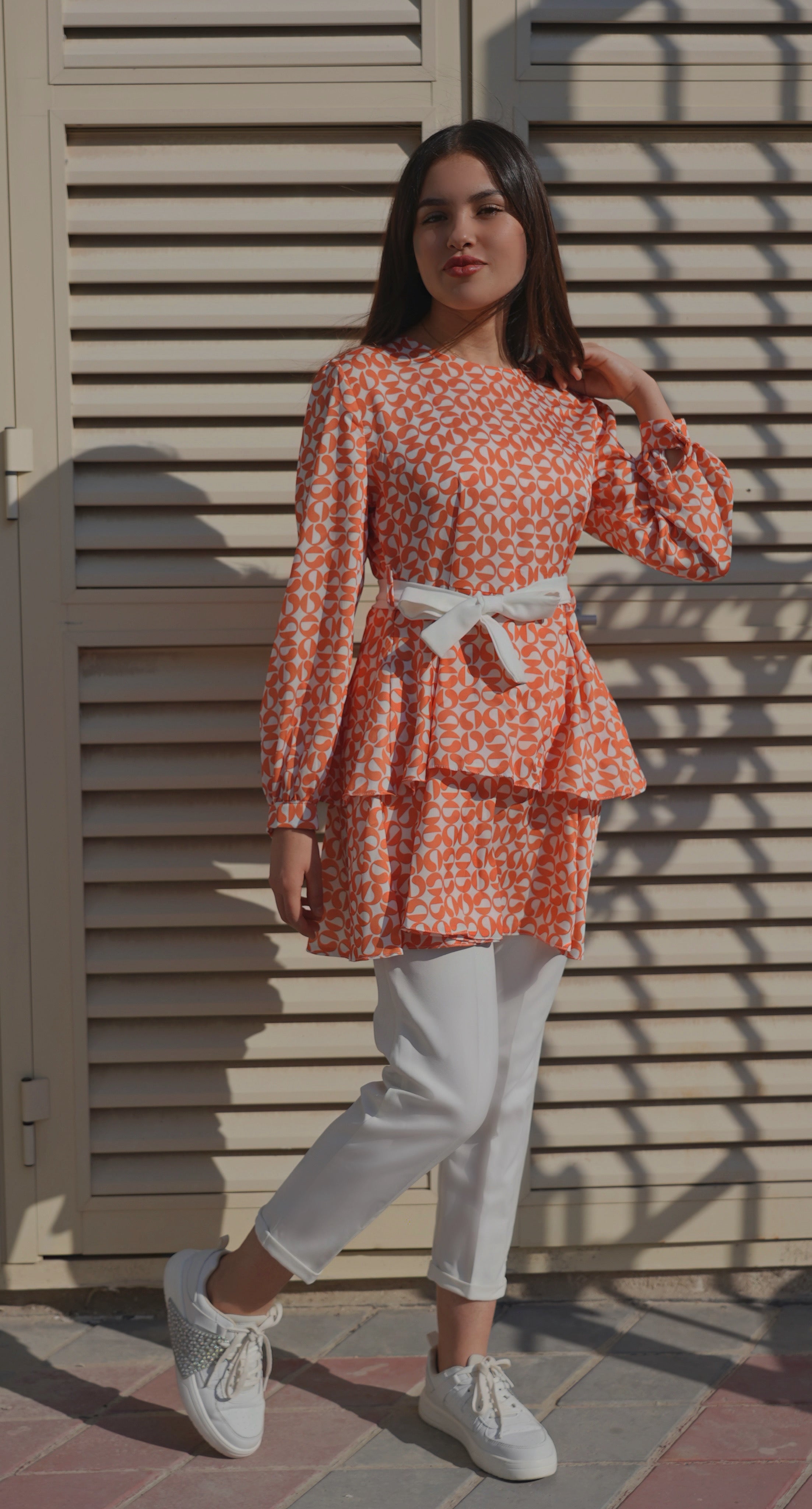 Orange & White Patterned Long Sleeve Blouse set