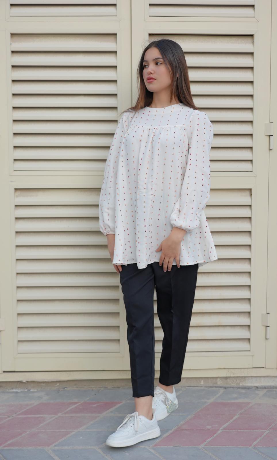 Polka-Dotted White Long Puff Sleeve Blouse And Black Pants