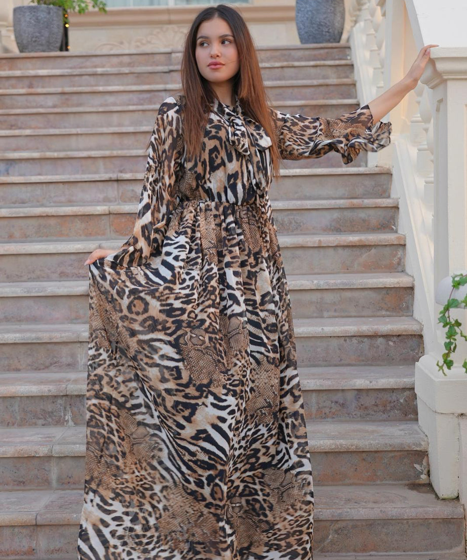 Tiger Print Tie Neck Dress