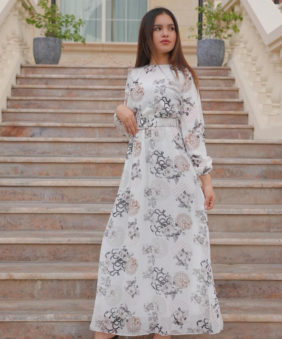 White Maxi Dress With Black Floral Print