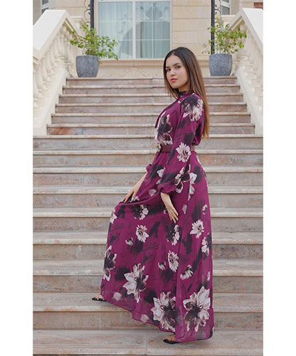 Burgundy-Floral Print Maxi Dress